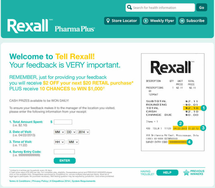 TellRexall.ca - Win $5 - Gift Card TellRexall Rexall Survey